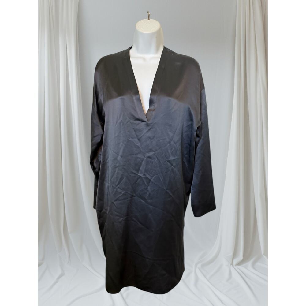 Vince 100% Silk Charmeuse V-Neck Shift Dress Charcoal Gray S